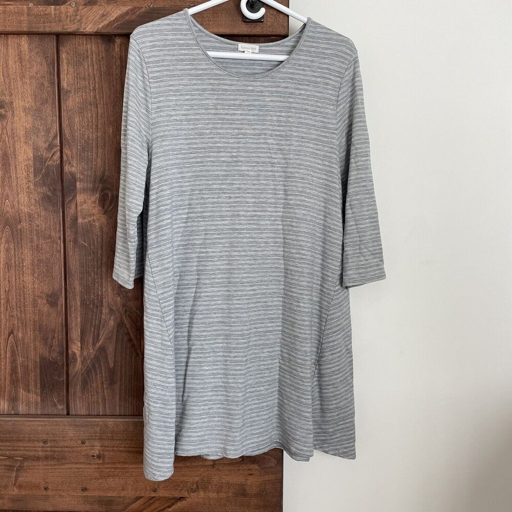 Garnet Hill Dress Womens Size Large Lyocell 3/4 Sleeve Gray Striped Lagenlook